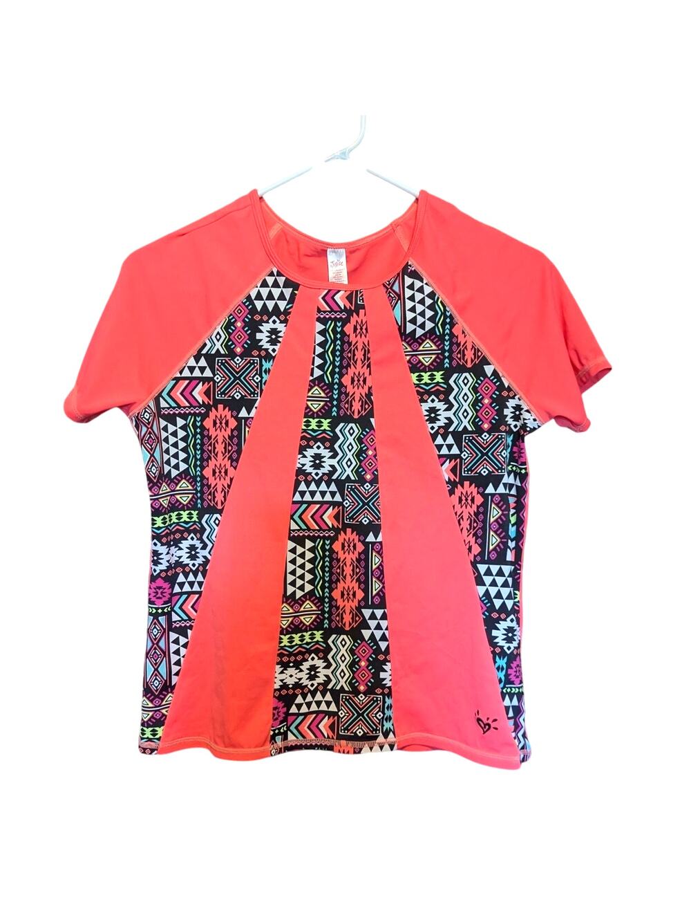 JUSTICE Neon Orange Geometric Short Sleeve Rash Guard Swim Top 12/14 PLUS